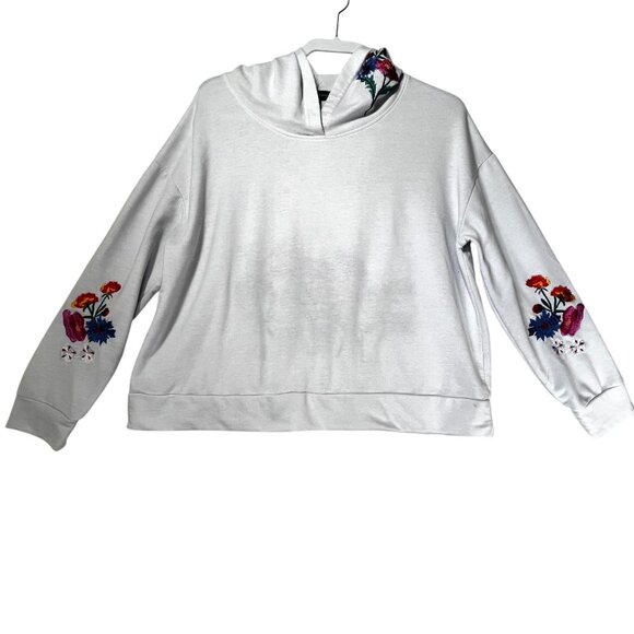 Floral Embroidered White Sweatshirt Hoodie Design on Back Sleeves Almost Famous - Picture 2 of 12